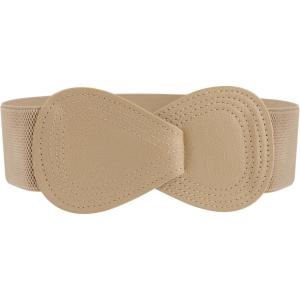 imageAllegra K Interlock Buckle 8shaped Faux Leather Elastic Belt Cinch Waistband for LadyLight Khaki