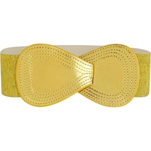 imageAllegra K Interlock Buckle 8shaped Faux Leather Elastic Belt Cinch Waistband for LadyMetallic Gold