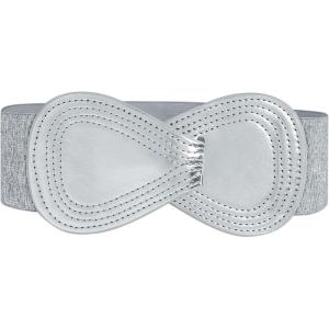 imageAllegra K Interlock Buckle 8shaped Faux Leather Elastic Belt Cinch Waistband for LadyMetallic Silver