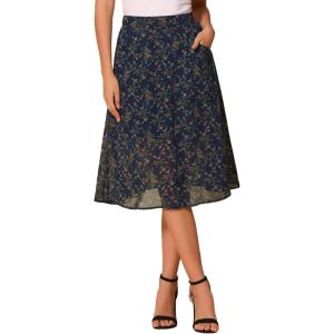 imageAllegra K Womens ALine Midi Skirt Floral Print Chiffon Vintage 2024 Summer SkirtsNavy Blue
