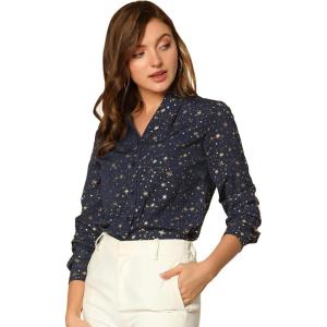 imageAllegra K Womens Metallic Patterned Blouse V Neck Long Sleeve Gilding Shiny Sparkly Dots TopDark Blue