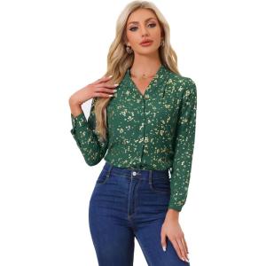 imageAllegra K Womens Metallic Patterned Blouse V Neck Long Sleeve Gilding Shiny Sparkly Dots TopGreenfloral