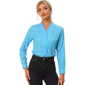 imageAllegra K Womens Metallic Patterned Blouse V Neck Long Sleeve Gilding Shiny Sparkly Dots TopLight Blue