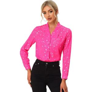 imageAllegra K Womens Metallic Patterned Blouse V Neck Long Sleeve Gilding Shiny Sparkly Dots TopPink