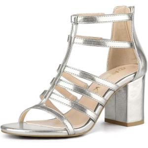imageAllegra K Womens Cage Strappy Gladiators Chunky Heels SandalsSilver White