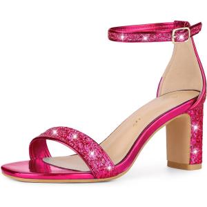 imageAllegra K Womens Glitter Ankle Strap Chunky Heeled SandalsHot Pink