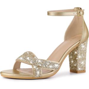 imageAllegra K Womens Glitter Ankle Strap High Chunky Heel SandalsGold