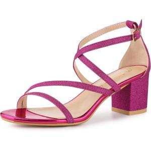 imageAllegra K Womens Glitter Crisscross Strap Chunky Heels SandalsHot Pink
