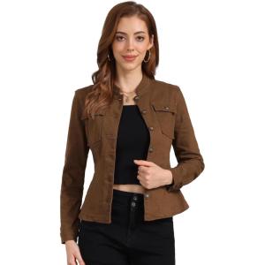 imageAllegra K Casual Denim Jacket for Womens Classic Stand Collar Long Sleeve Jean JacketBrown