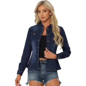 imageAllegra K Casual Denim Jacket for Womens Classic Stand Collar Long Sleeve Jean JacketDark Blue