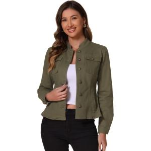 imageAllegra K Casual Denim Jacket for Womens Classic Stand Collar Long Sleeve Jean JacketGreen