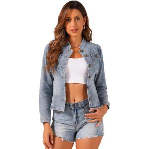 imageAllegra K Casual Denim Jacket for Womens Classic Stand Collar Long Sleeve Jean JacketGrey Blue