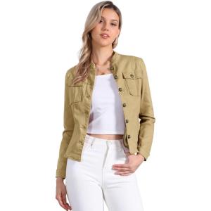 imageAllegra K Casual Denim Jacket for Womens Classic Stand Collar Long Sleeve Jean JacketKhaki