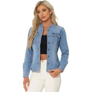imageAllegra K Casual Denim Jacket for Womens Classic Stand Collar Long Sleeve Jean JacketLight Blue