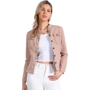 imageAllegra K Casual Denim Jacket for Womens Classic Stand Collar Long Sleeve Jean JacketPink