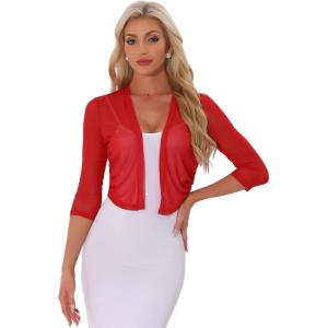 imageAllegra K Sheer Mesh Bolero Shrugs for Womens Elegant 34 Sleeve Lightweight Cropped CardiganRed