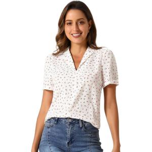 imageAllegra K V Neck Tops for Womens Elegant Casual Cherry Print Notch Lapel Summer Short Sleeve BlouseWhite