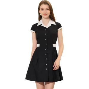 imageAllegra K Womens Vintage Button Down Shirt Dress Notch Lapel Short Sleeve Belted Office Mini Short DressesBlack