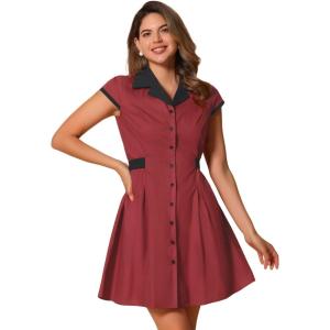 imageAllegra K Womens Vintage Button Down Shirt Dress Notch Lapel Short Sleeve Belted Office Mini Short DressesBrick Red