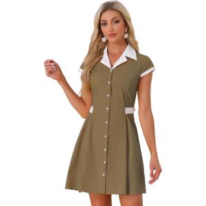 imageAllegra K Womens Vintage Button Down Shirt Dress Notch Lapel Short Sleeve Belted Office Mini Short DressesBrown