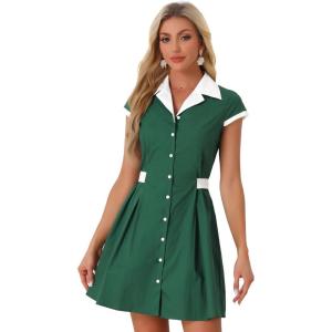 imageAllegra K Womens Vintage Button Down Shirt Dress Notch Lapel Short Sleeve Belted Office Mini Short DressesDark Green