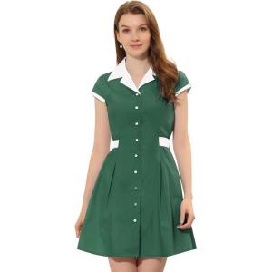imageAllegra K Womens Vintage Button Down Shirt Dress Notch Lapel Short Sleeve Belted Office Mini Short DressesGreen