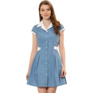 imageAllegra K Womens Vintage Button Down Shirt Dress Notch Lapel Short Sleeve Belted Office Mini Short DressesGrey Blue