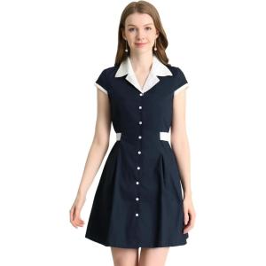 imageAllegra K Womens Vintage Button Down Shirt Dress Notch Lapel Short Sleeve Belted Office Mini Short DressesNavy Blue