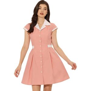 imageAllegra K Womens Vintage Button Down Shirt Dress Notch Lapel Short Sleeve Belted Office Mini Short DressesPink