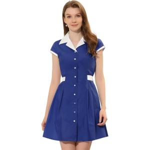 imageAllegra K Womens Vintage Button Down Shirt Dress Notch Lapel Short Sleeve Belted Office Mini Short DressesRoyal Blue