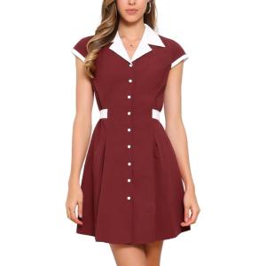 imageAllegra K Womens Vintage Button Down Shirt Dress Notch Lapel Short Sleeve Belted Office Mini Short DressesWine Red