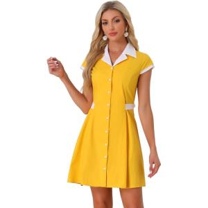 imageAllegra K Womens Vintage Button Down Shirt Dress Notch Lapel Short Sleeve Belted Office Mini Short DressesYellow