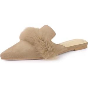 imageAllegra K Womens Pointed Toe Faux Fur Slip on Flat Slide MulesBeige