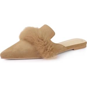 imageAllegra K Womens Pointed Toe Faux Fur Slip on Flat Slide MulesKhaki