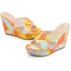 imageAllegra K Womens Tie Dye Crisscross Strap Wedges Slip on Wedge Heel Platform SandalsOrange