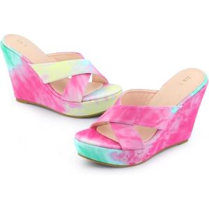 imageAllegra K Womens Tie Dye Crisscross Strap Wedges Slip on Wedge Heel Platform SandalsPink Green