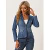 imageAllegra K Women Cropped Jean Jacket Long Sleeve Collarless One Button Lightweight Stretchy Fitted Denim Shacket JacketsBlue