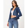 imageAllegra K Women Cropped Jean Jacket Long Sleeve Collarless One Button Lightweight Stretchy Fitted Denim Shacket JacketsDark Blue