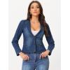 imageAllegra K Women Cropped Jean Jacket Long Sleeve Collarless One Button Lightweight Stretchy Fitted Denim Shacket JacketsDark Blue