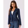 imageAllegra K Women Cropped Jean Jacket Long Sleeve Collarless One Button Lightweight Stretchy Fitted Denim Shacket JacketsDeep Blue