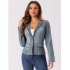 imageAllegra K Women Cropped Jean Jacket Long Sleeve Collarless One Button Lightweight Stretchy Fitted Denim Shacket JacketsGrey Blue