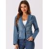 imageAllegra K Women Cropped Jean Jacket Long Sleeve Collarless One Button Lightweight Stretchy Fitted Denim Shacket JacketsIce Blue