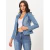 imageAllegra K Women Cropped Jean Jacket Long Sleeve Collarless One Button Lightweight Stretchy Fitted Denim Shacket JacketsLight Blue