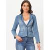 imageAllegra K Women Cropped Jean Jacket Long Sleeve Collarless One Button Lightweight Stretchy Fitted Denim Shacket JacketsLight Blue