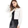 imageAllegra K Womens Button Down Denim Jacket Check Cuffs Casual Cropped Jean JacketsWhite