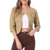 imageAllegra K Denim Jacket for Womens Collarless 2025 Cardigan 34 Sleeve Crop Jean JacketsKhaki