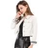 imageAllegra K Womens Button Down Denim Jacket Check Cuffs Casual Cropped Jean JacketsWhite