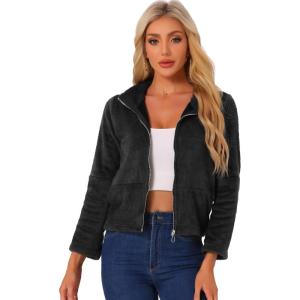 imageAllegra K Cropped Fleece Jacket for Womens Zip Up Faux Fur JacketBlack