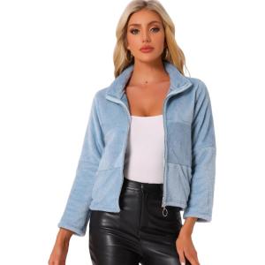 imageAllegra K Cropped Fleece Jacket for Womens Zip Up Faux Fur JacketBlue
