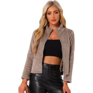 imageAllegra K Cropped Fleece Jacket for Womens Zip Up Faux Fur JacketKhaki